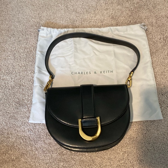 Charles & Keith Handbags - Charles & Keith Black Saddle Shoulder Bag with Gold Accent